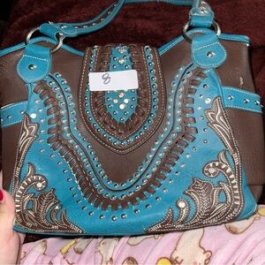 Brown and Blue Embellished Montana West Bag
